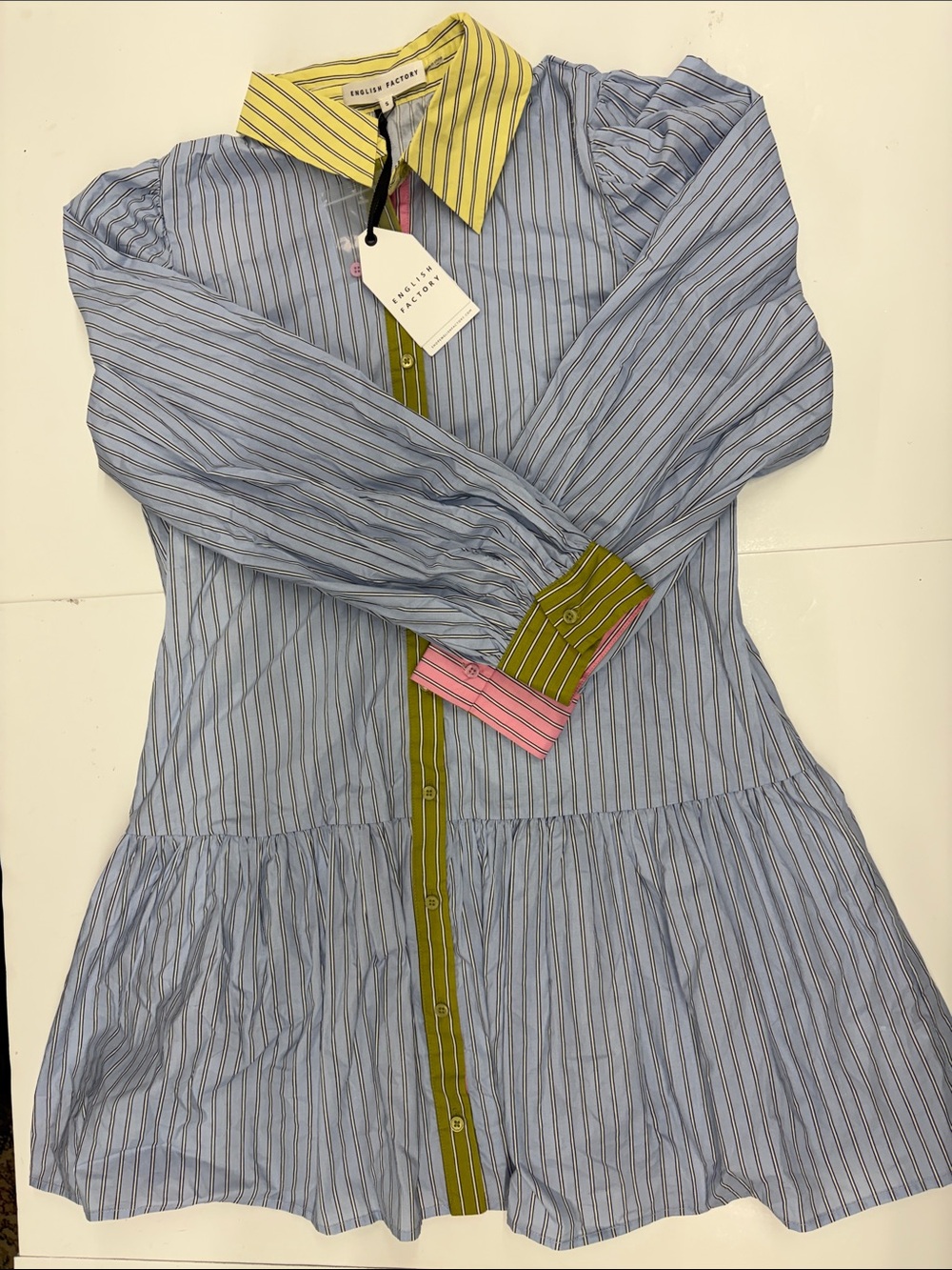 NEW English Factory Blue and Yellow Striped Shirt Dress Size Small